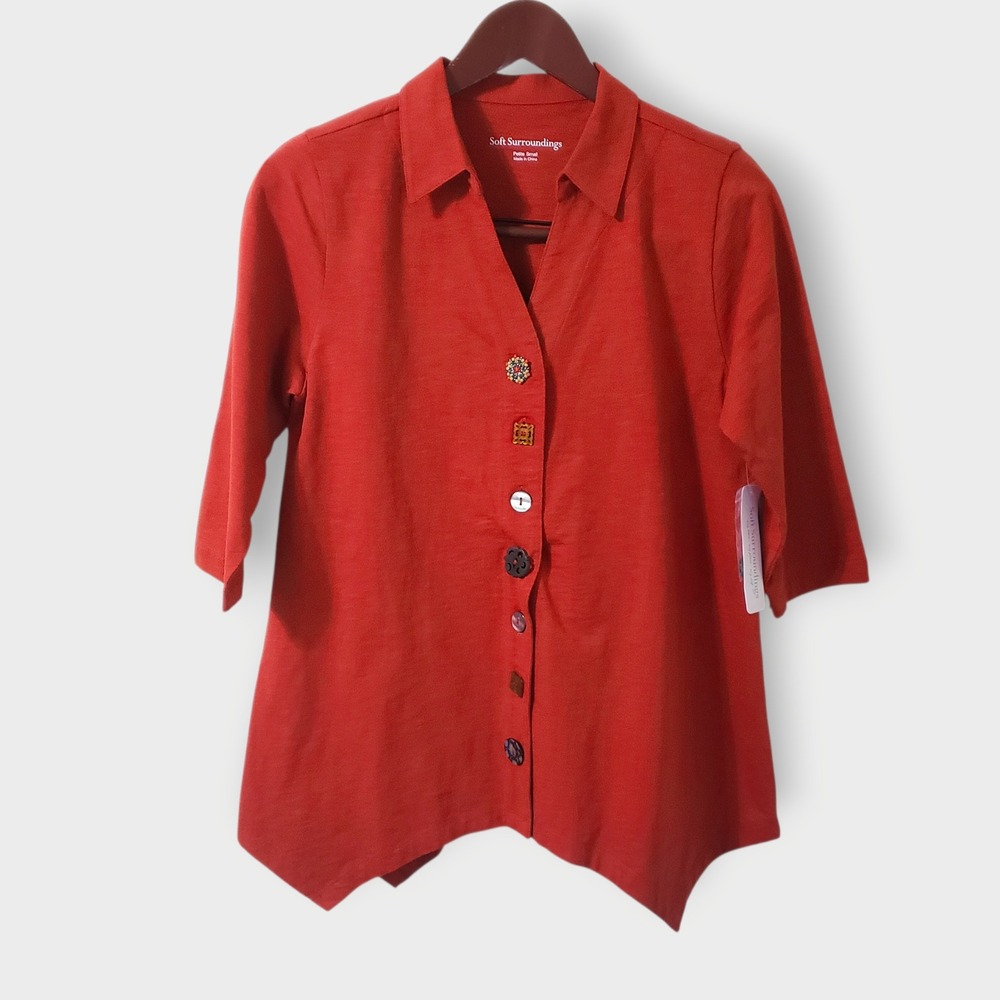 NWT Soft Surroundings Danielle Button 3/4 Sleeve Asymmetric Tunic‎ Red Ochre PS